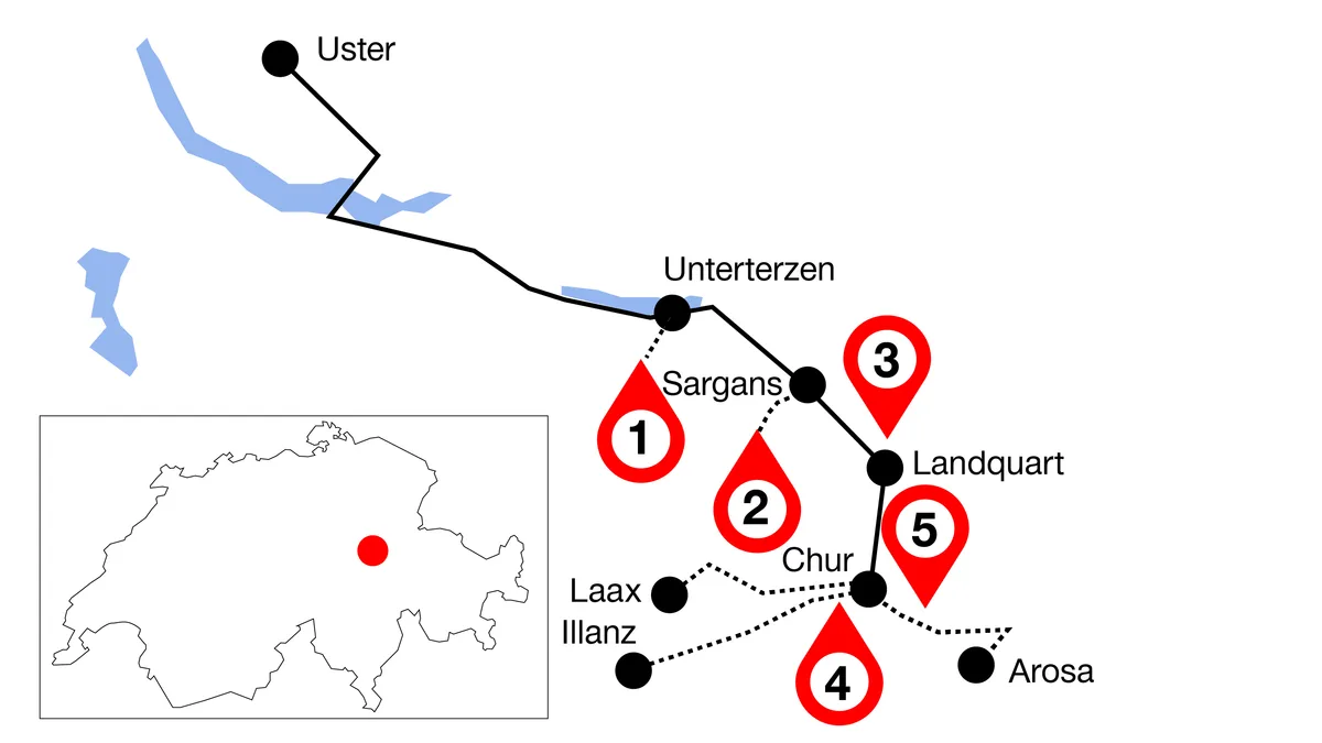 Die Grafik zeigt den Streckenverlauf von Uster nach Chur mit fünf markierten Highlights an dieser Linie.